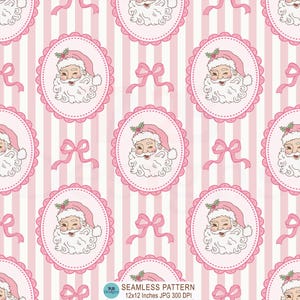 Può includere: Un motivo continuo con un'illustrazione ripetuta di Babbo Natale che indossa un cappello rosa con agrifoglio, racchiuso in una cornice ovale smerlata rosa. Lo sfondo è composto da strisce verticali bianche e rosa con fiocchi rosa.