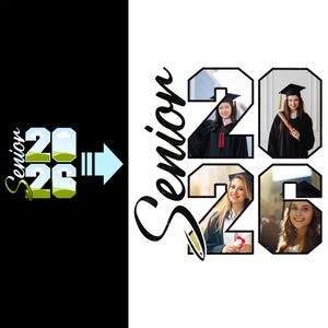 May include: A black and white design featuring the word "Senior" and the numbers "2026". The "2026" is composed of images of graduates in caps and gowns. A light blue arrow points towards the right.