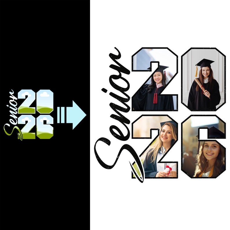 May include: A black and white design featuring the word "Senior" and the numbers "2026". The "2026" is composed of images of graduates in caps and gowns. A light blue arrow points towards the right.