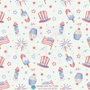 Può includere: Motivi patriottici americani ripetuti, tra cui bandiere, cappelli, fuochi d'artificio e ghiaccioli in rosso, bianco e blu. Il design include anche stelle e spirali su uno sfondo chiaro. Il testo "SEAMLESS PATTERN 12x12 Inches JPG 300 DPI" è in basso.