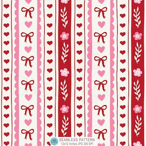 Puede incluir: Patrón sin costuras con rayas verticales en rojo, rosa y blanco. El diseño incluye corazones rojos, corazones rosas, lazos, flores y ramitas con hojas. El texto en la parte inferior dice "SEAMLESS PATTERN 12x12 Inches JPG 300 DPI."