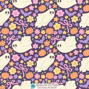 Coquette Halloween Floral Ghost Seamless Pattern, Ghosts Ditsy Floral Seamless Repeat Pattern Fabric, Ghost Pumpkin Bows Digital Paper, JPG
