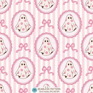 Könnte beinhalten: Ein nahtloses Muster mit weißen Geistern mit rosa Blumenmuster in rosa gewellten ovalen Rahmen, abwechselnd mit rosa Schleifen auf einem weiß-rosa vertikal gestreiften Hintergrund. Der Text lautet: SEAMLESS PATTERN 12x12 Inches JPG 300 DPI.