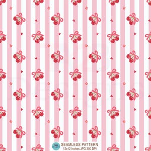 Può includere: Motivo senza cuciture con un design ripetuto di ciliegie rosse legate con fiocchi rosa, piccoli cuori rossi e minuscoli fiori rosa su uno sfondo a righe rosa e bianco. Il testo in basso recita "SEAMLESS PATTERN 12x12 INCHES JPG 300 DPI."