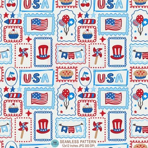 Puede incluir: Un patrón sin costuras repetido con símbolos patrióticos en rojo, blanco y azul. El diseño incluye la bandera estadounidense, globos, cupcakes, cerezas y la palabra "USA". El patrón está sobre un fondo blanco.