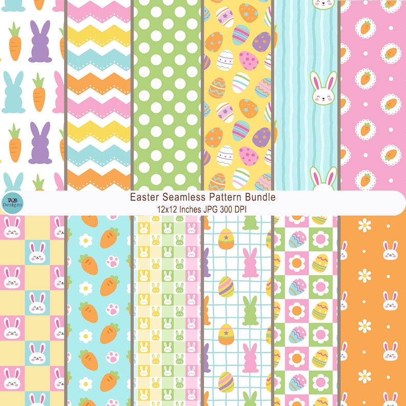 May include: A collection of colorful Easter-themed seamless patterns. Designs include bunnies, carrots, Easter eggs, polka dots, and zigzags. The patterns are 12x12 inches and are suitable for various craft projects. The text "Easter Seamless Pattern Bundle" is visible.