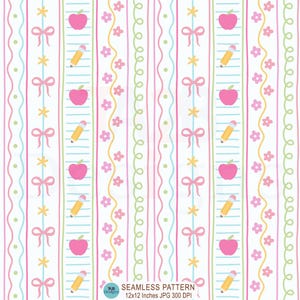 May include: Seamless pattern with vertical stripes in pastel colors. Pink apples, yellow pencils, pink bows, and small flowers are interspersed between the stripes. The pattern is 12x12 inches.