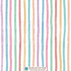 May include: A seamless pattern featuring vertical, hand-drawn style stripes in pastel shades of purple, blue, pink, green, yellow, and orange on a white background. The text at the bottom reads: TA2B Designs, SEAMLESS PATTERN, 12x12 Inches JPG 300 DPI.
