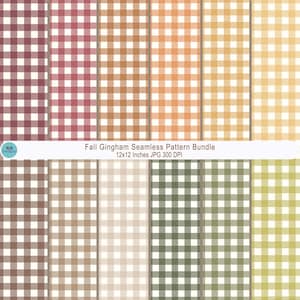 Puede incluir: Una colección digital de patrones de cuadros vichy sin costuras en varios colores inspirados en el otoño, incluyendo granate, naranja, amarillo, marrón, beige y verde oliva. El texto dice Fall Gingham Seamless Pattern Bundle 12x12 Inches JPG 300 DPI.