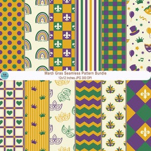 May include: A collection of twelve seamless patterns with a Mardi Gras theme. Designs include polka dots, rainbows, fleur-de-lis, stripes, and checkered patterns in gold, green, and purple. The text "Mardi Gras Seamless Pattern Bundle" is displayed.