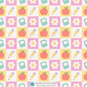 Op de afbeelding: Herhalend patroon met schoolthema-elementen. Het ontwerp bevat rode appels, gele potloden, lichtblauwe notitieboekjes, witte madeliefjes en de tekst "SEAMLESS PATTERN 12x12 INCHES JPG 300 DPI". De achtergrond wisselt af tussen roze en gele vierkanten.