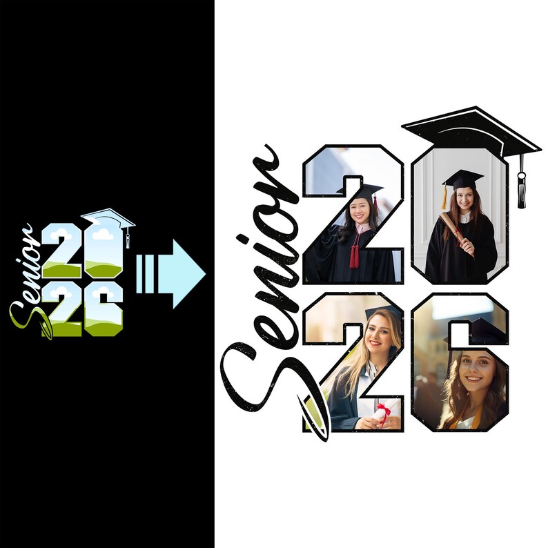 May include: A graduation-themed design featuring the text "Senior 2020" with images of graduates. The design includes a stylized "2020" with photos of graduates in caps and gowns, and a separate graphic with the same text and a graduation cap.
