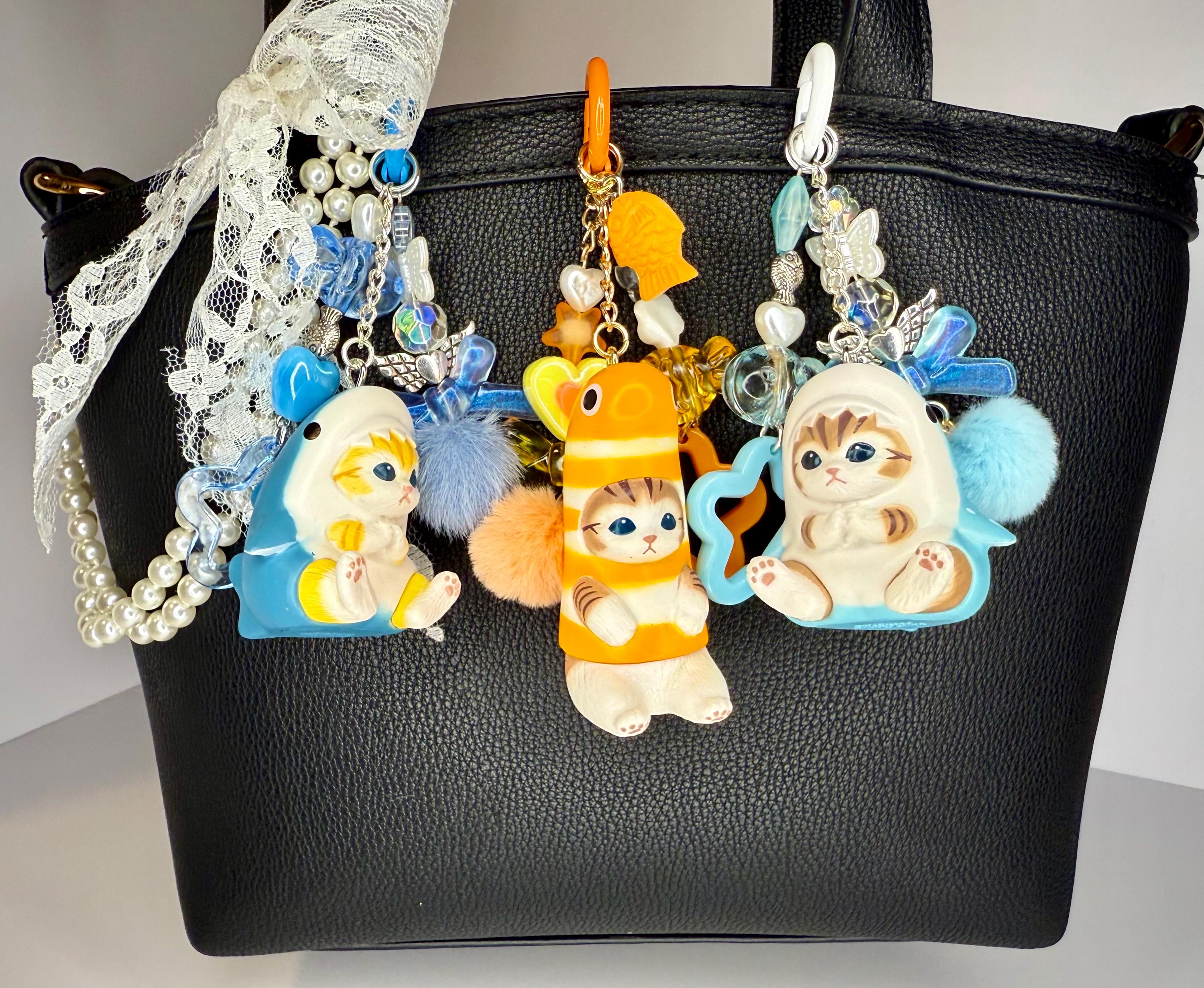 Mofusand Cat Bag Charm - Cow, Chicken, Whale Shark, Great White Shark, or Orange Eel - Handmade Y2K Bag Charm Cluster Keychain Kawaii