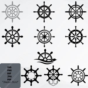 Könnte beinhalten: Neun schwarz-weiße Illustrationen von Steuerrädern. Die Designs variieren, einige mit massiven Speichen, andere offen. Ein Rad ist mit einem Anker kombiniert. Das Bild enthält Dateitypinformationen und den Text "Shaden Store".