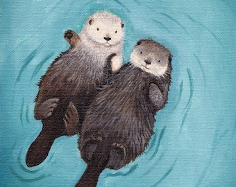 Otters Holding Hands Art Print 8x10 Cute Otter Art, perfect wedding gift, anniversary gift, gender neutral print of original otter painting