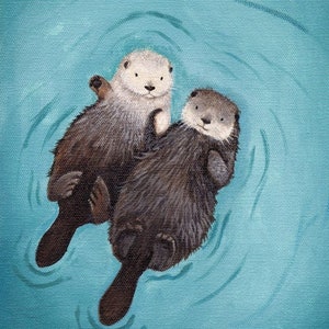 Otters Holding Hands Art Print 8x10 Cute Otter Art, perfect wedding gift, anniversary gift, gender neutral print of original otter painting image 1