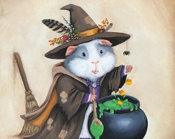 Edweena the Guinea Pig Witch 8x10 - Halloween Decor, Cute Halloween Art - Witch Guinea Pig Mixing Candy Corn into a Cauldron of Witch's Brew