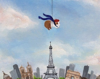 Guinea Pig Over Paris 8x10 - Guinea Pig Art Print