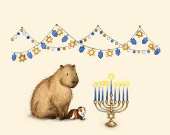 Capy Holidays - Capy Hanukkah Capybara and Guinea pig lighting the Menorah