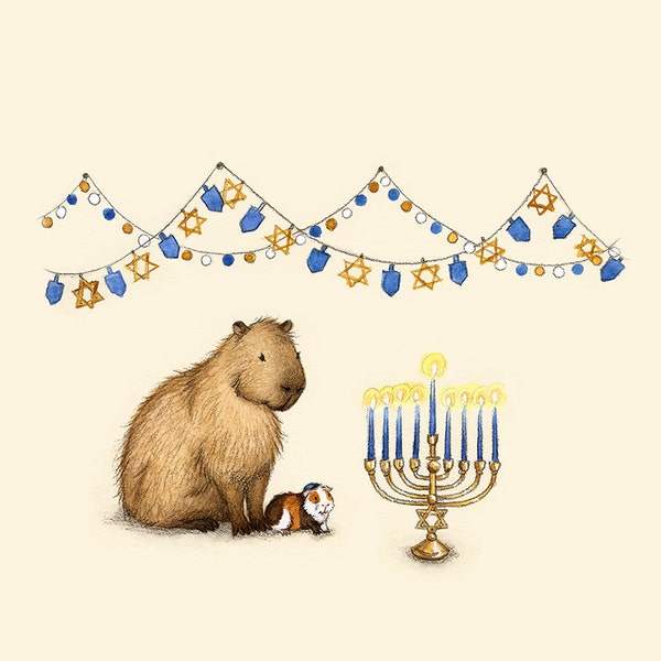 Capy Holidays - Capy Hanukkah Capybara and Guinea pig lighting the Menorah
