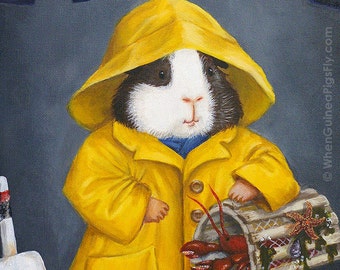 Billy the Lobster Pig 8x10 - Lobsterman Guinea Pig Art Print - Nautical Fisherman Print from Portland, Maine