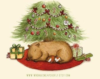 Capy Holidays - Capybara and Guinea pig under the Christmas Tree Art Print