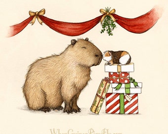 Capy Holidays - Capybara and guinea pig under the Mistletoe for Christmas