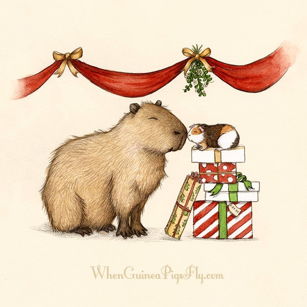 Capy Holidays - Capybara and guinea pig under the Mistletoe for Christmas
