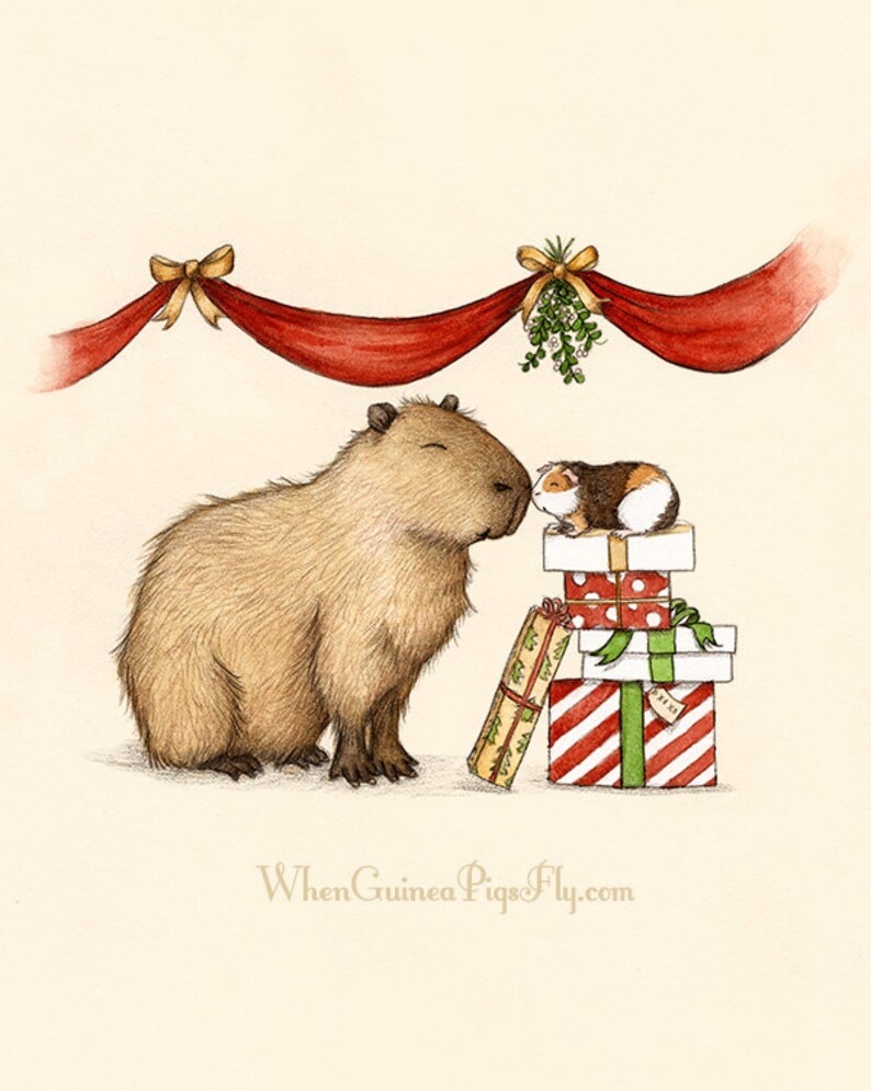 Capy Holidays  Capybara and guinea pig under the Mistletoe image 0