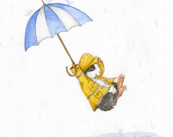 Puddle Jumping 11x14 - Guinea Pig in a Raincoat with Umbrella Art Print