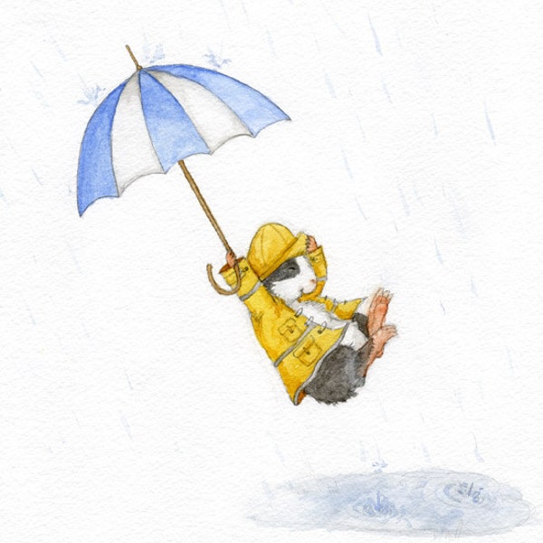 Puddle Jumping 8x10 - Guinea Pig in a Raincoat with Umbrella Art Print