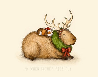 Capy Holidays - Capybara and Guinea Pig Reindeer Ride Christmas Art Print - Cute Christmas Wall Art