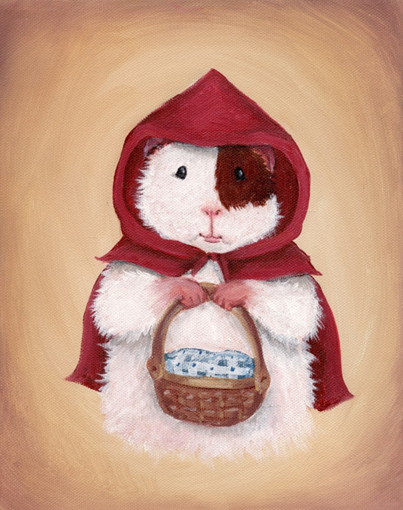 Guinea Pig Little Red Riding Hood 8x10 Children's Room Decor Guinea Pig Art Print image 1