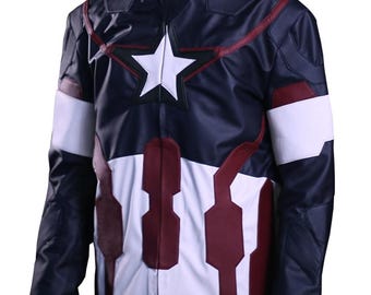 Mens Captain Star Red White Blue America Cosplay Leather Jacket