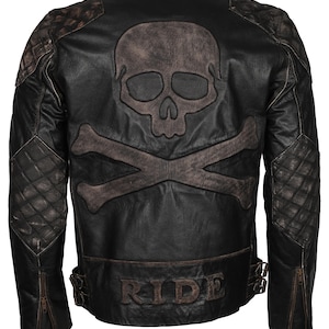May include: Black leather jacket with a skull and crossbones design on the back. The jacket features quilted shoulder panels, a zippered front, and the word "RIDE" across the bottom. A classic biker style.