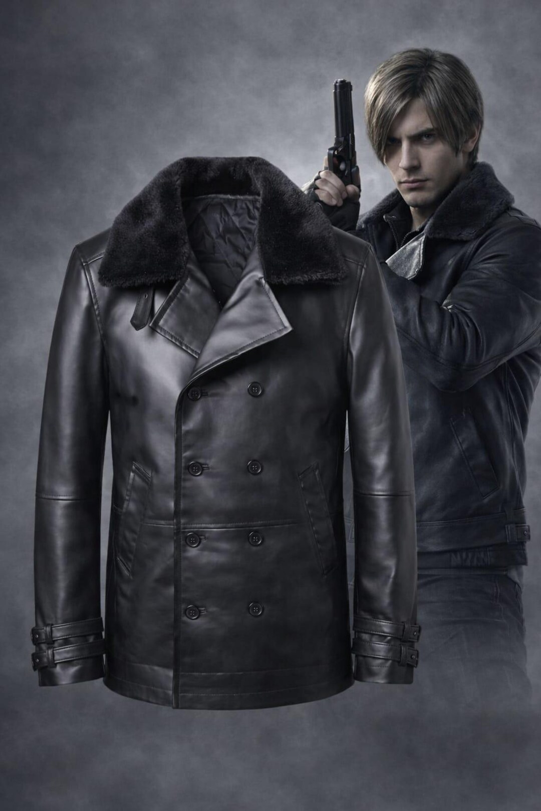 RE-9 Leon S Kennedy Resident Evil Black Hand Made Mens Leather