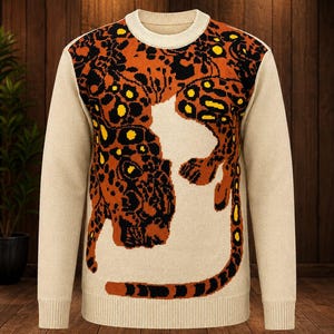 Könnte beinhalten: Ein beigefarbener Pullover mit Rundhalsausschnitt und einem großen, gestrickten Leopardenmotiv auf der Vorderseite. Das Leopardenmuster ist in Orange-, Schwarz- und Gelbtönen gehalten und bedeckt die Brustmitte, während Ärmel und Rücken einfarbig beige sind.