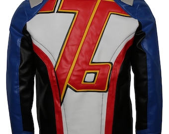 May include: A blue, black, white, and red leather jacket with a stand-up collar. The back features a large red and yellow graphic with the number 76. The jacket has blue sleeves and accents, with black side panels and a white center panel.