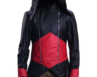 Handmade Assassin Red Black Cosply  Real Leather Trench Coat For Men