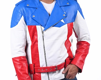 Giacca da motociclista in vera pelle con bandiera USA per uomo