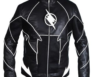 May include: Black jacket with white accents and a white lightning bolt emblem on the chest. The jacket features a full zipper closure and a stand-up collar. Mesh panels are visible on the sides and front.