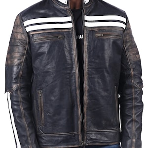 black distressed penetrateed real cow leather jacket for mens