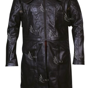 May include: A long, black leather coat with a notched collar and a zipper closure. The coat features decorative stitching, shoulder epaulets, and multiple panels. The coat has the logo "LNJ" printed on it.