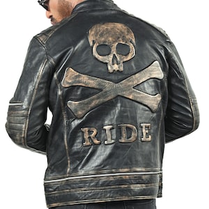 vintage skull bones skeleton black distressed leather jacket for men