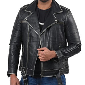 Distressed Black Biker Leather Jacket For Men