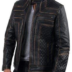 Blouson motard en cuir noir pour homme
