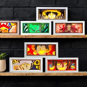 Scatola luminosa anime One Piece / LED per sala giochi / Luce notturna al neon da scrivania Luffy Manga / Scatola delle ombre decorativa regalo / Lampada 3D per la casa, arte ritagliata su carta