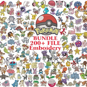 Op de afbeelding: Een verzameling kleurrijke geborduurde Pokémon-ontwerpen, waaronder Pikachu, Charmander en Bulbasaur, met een Pokéball-logo en de tekst "BUNDLE 200+ FILE Embroidery". De afbeelding bevat verschillende stripfiguren.