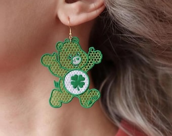 Pendientes de oso de la buena suerte FSL con diseños bordados, descarga instantánea en 3 tamaños