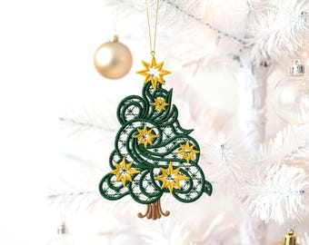 May include: A green and gold Christmas tree ornament. The tree is intricately designed with a lace-like pattern and adorned with gold star accents. It hangs from a gold string, ready for display. The ornament is set against a white Christmas tree.